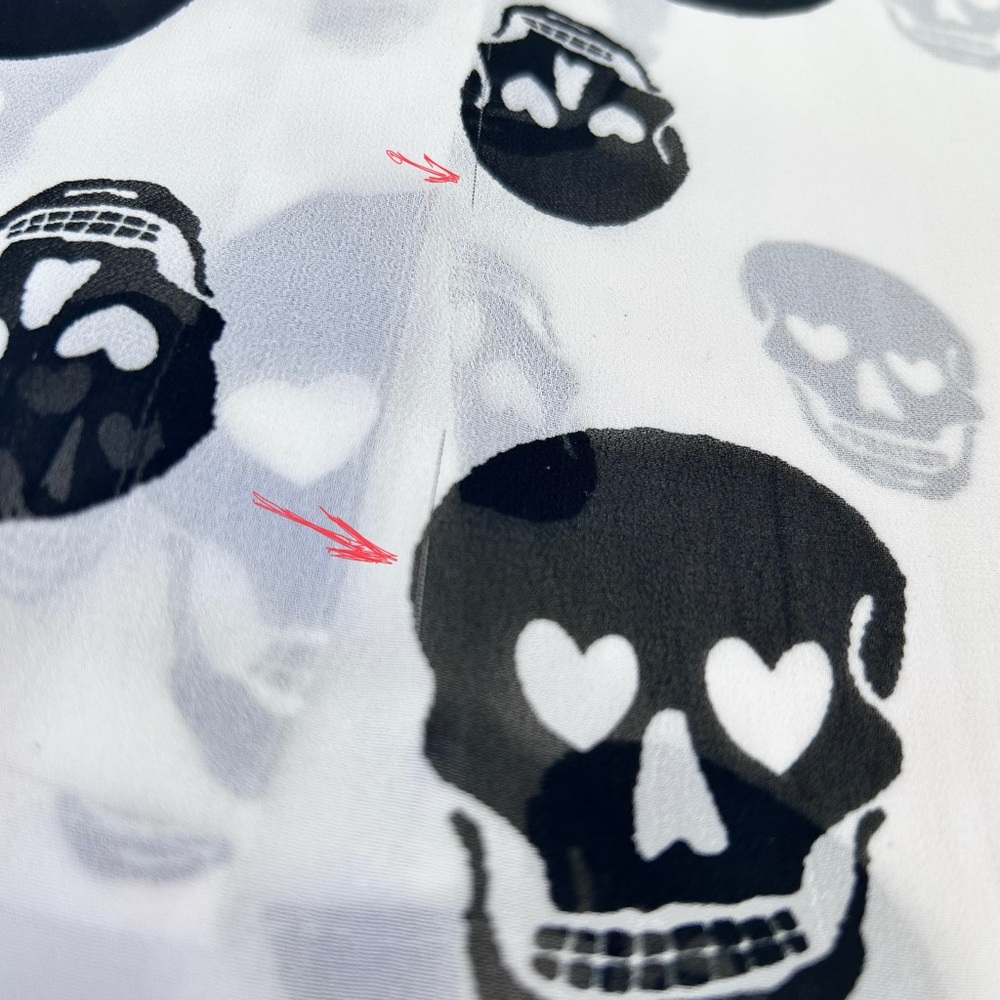 Fun & Flirt Sheer White Blouse, Black Skull Print Long Sleeve Button Down Size S - Picture 6 of 6